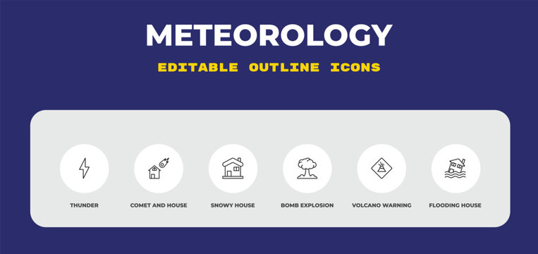 outline meteorology icons set - thunder, comet and house, snowy house. editable vector for web and mobile ui