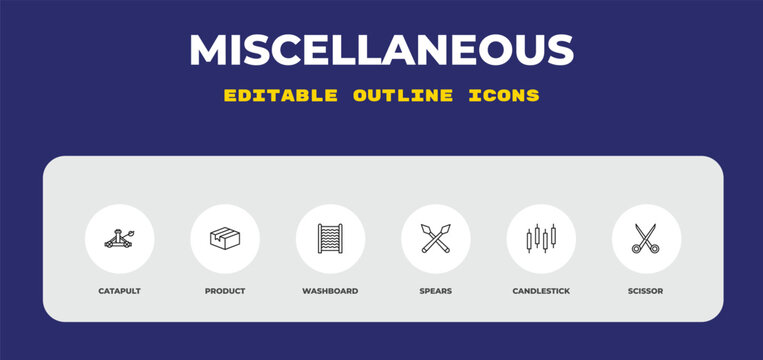 outline miscellaneous icons set - catapult, product, washboard. editable vector for web and mobile ui