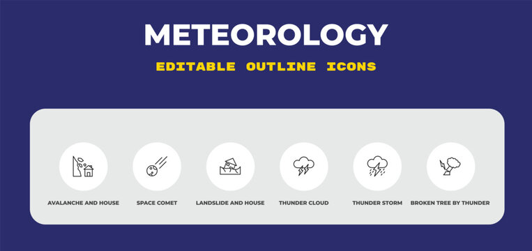 outline meteorology icons set - avalanche and house, space comet, landslide and house. editable vector for web and mobile ui