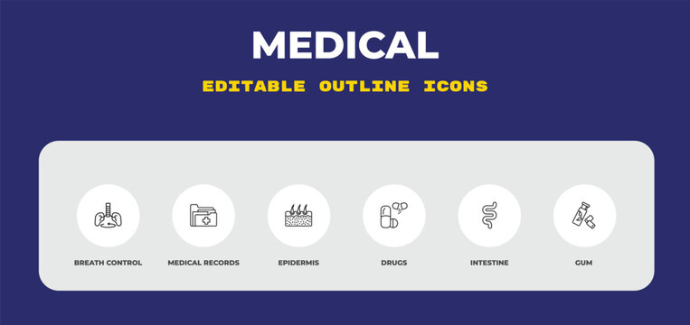 outline medical icons set - breath control, medical records, epidermis. editable vector for web and mobile ui