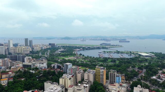Aerial Panning of Rio de Janeiro Cityscape with Santos Dumont Airport and Guanabara Bay