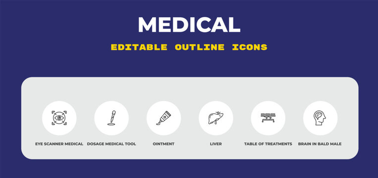 outline medical icons set - eye scanner medical, dosage medical tool, ointment. editable vector for web and mobile ui