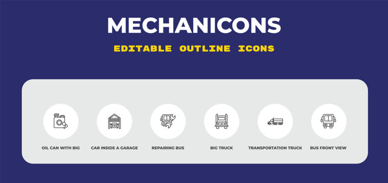 outline mechanicons icons set - oil can with big drop, car inside a garage, repairing bus. editable vector for web and mobile ui