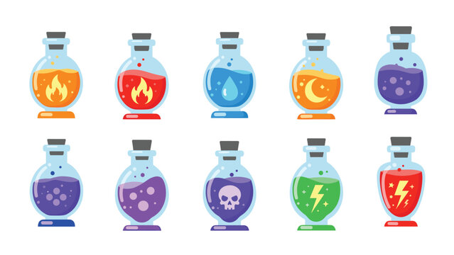 Set of colorful magic potion bottles with different icons like fire water moon skull and lightning in glass flasks.