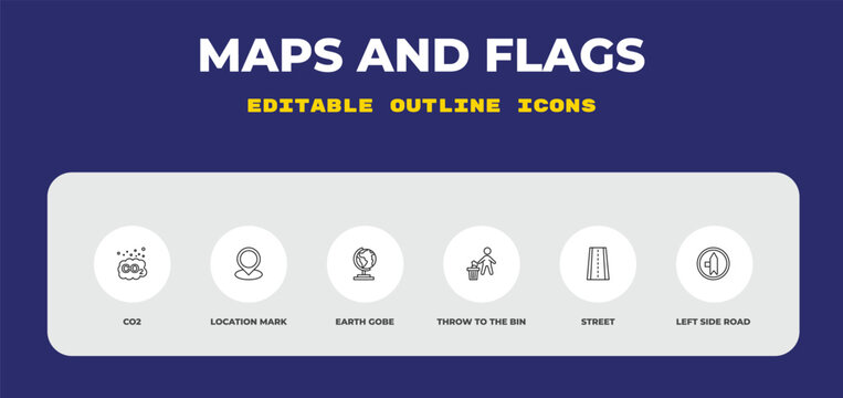 outline maps and flags icons set - co2, location mark, earth gobe. editable vector for web and mobile ui