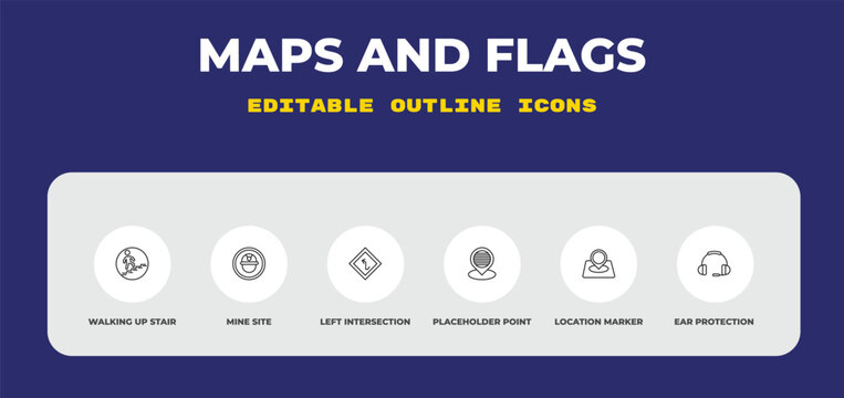 outline maps and flags icons set - walking up stair, mine site, left intersection. editable vector for web and mobile ui