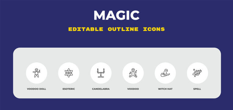 outline magic icons set - voodoo doll, esoteric, candelabra. editable vector for web and mobile ui