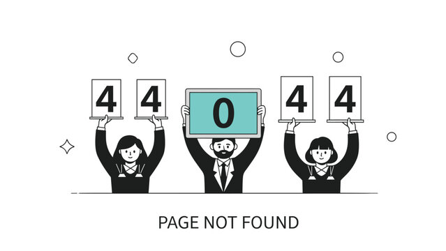 Creative 404 error page not found web design concept featuring three characters holding numbers to form the classic technical error code.