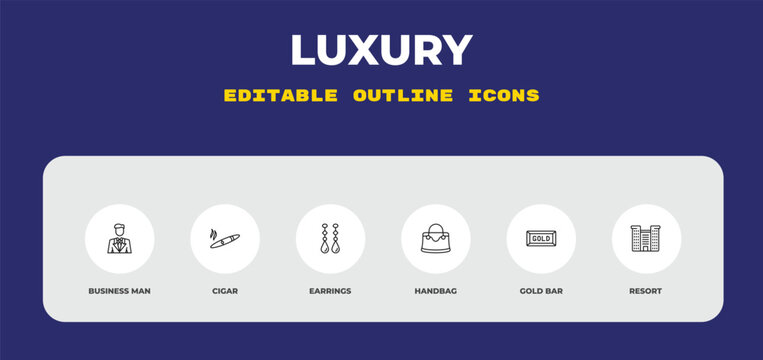 outline luxury icons set - business man, cigar, earrings. editable vector for web and mobile ui