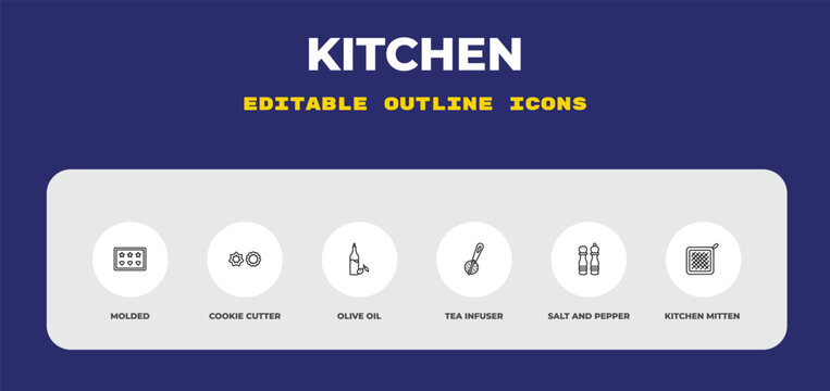outline kitchen icons set - molded, cookie cutter, olive oil. editable vector for web and mobile ui