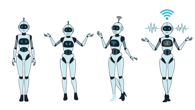 Four futuristic female robot characters in different poses featuring advanced technology elements like wifi and brain symbols.