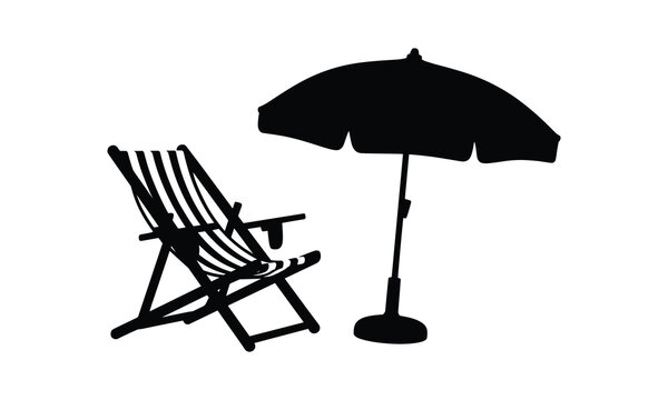 Beach chair, umbrella, black silhouette, summer icons, vector graphics