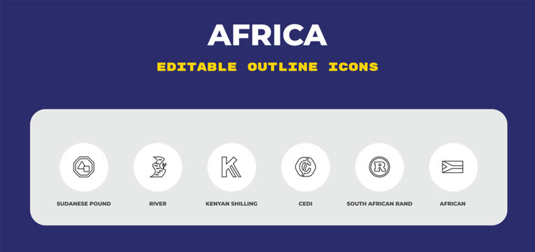 outline africa icons set - sudanese pound, river, kenyan shilling. editable vector for web and mobile ui