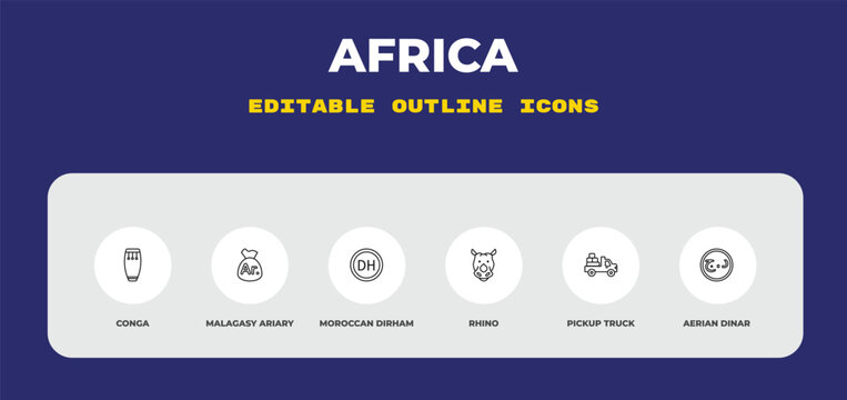 outline africa icons set - conga, malagasy ariary, moroccan dirham. editable vector for web and mobile ui