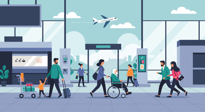 Busy modern airport terminal interior with diverse travelers walking, a person in a wheelchair, and an airplane visible through the window.