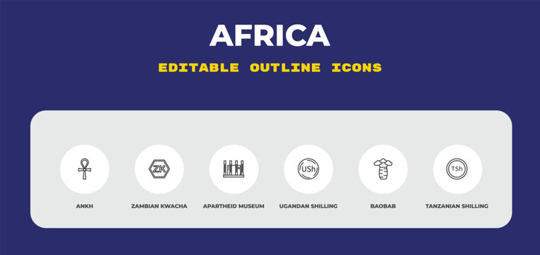 outline africa icons set - ankh, zambian kwacha, apartheid museum. editable vector for web and mobile ui