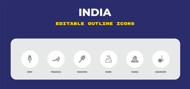 outline india icons set - devi, peacock, shaivism. editable vector for web and mobile ui