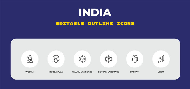 outline india icons set - woman, durga puja, telugu language. editable vector for web and mobile ui