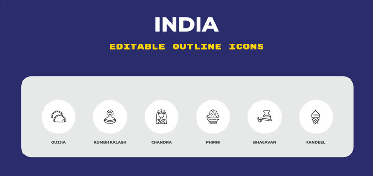 outline india icons set - gujjia, kumbh kalash, chandra. editable vector for web and mobile ui
