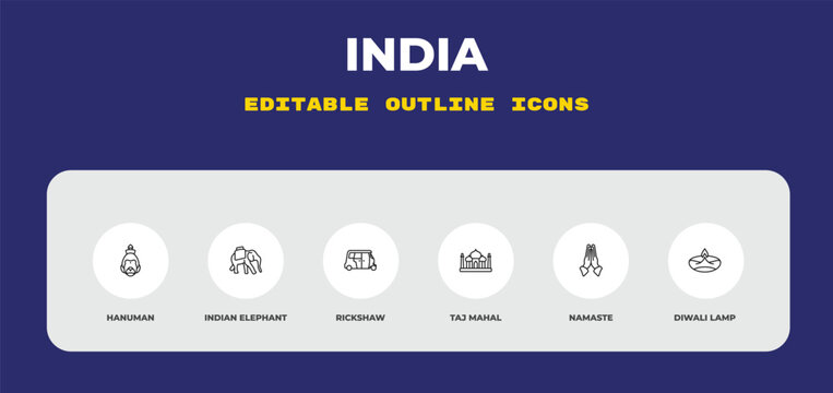 outline india icons set - hanuman, indian elephant, rickshaw. editable vector for web and mobile ui