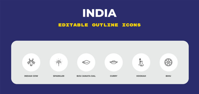 outline india icons set - indian cow, sparkler, biju janata dal. editable vector for web and mobile ui