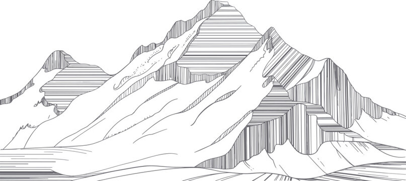 Hand drawn mountain landscape with contour lines, scenic nature engraving style vector illustration