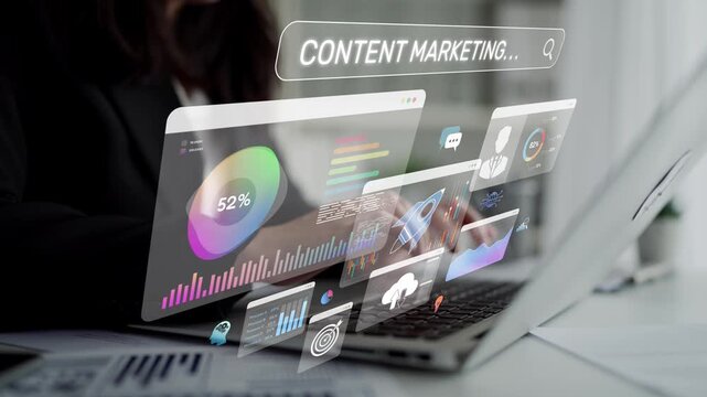 Content marketing interface with data dashboards, analytics charts, and content tools. Marketing success comes from content performance, content planning, and marketing optimization. Muxer