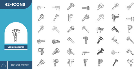 Fototapeta premium Vernier Caliper Icon Collection – Clean Flat Design for Precision Tools, Mechanical Measurement, Workshop and Engineering Use.