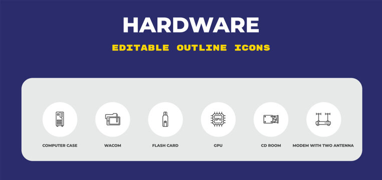 outline hardware icons set - computer case, wacom, flash card. editable vector for web and mobile ui