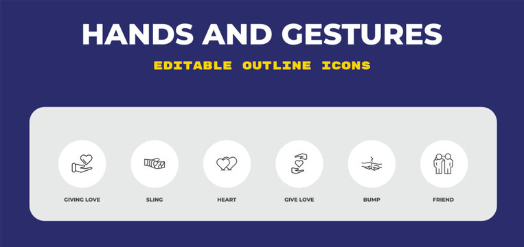 outline hands and gestures icons set - giving love, sling, heart. editable vector for web and mobile ui