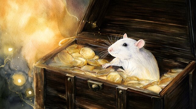 Whimsical watercolor rat guarding gold coins a magical treasure illustration of wealth and luck