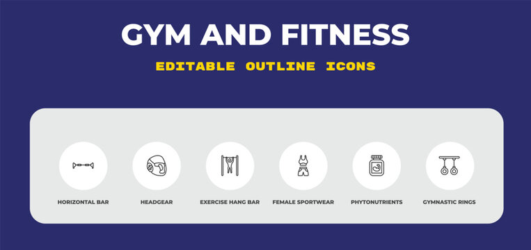 outline gym and fitness icons set - horizontal bar, headgear, exercise hang bar. editable vector for web and mobile ui