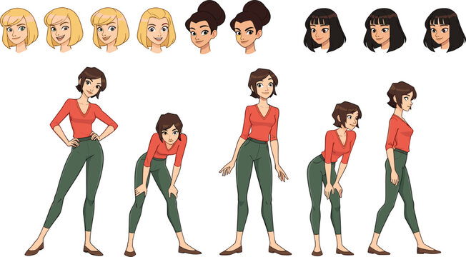 Female Character Pose Set with Multiple Hairstyle Variations and Body Positions, Cartoon Style Vector Illustration for Animation Design Character Creation and Modeling Projects