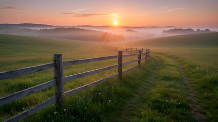 Obraz premium Sunrise over rolling green hills fence.