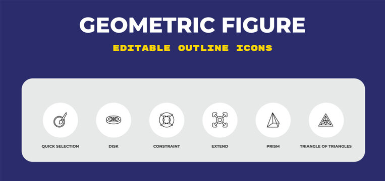 outline geometric figure icons set - quick selection, disk, constraint. editable vector for web and mobile ui