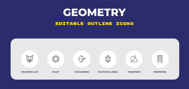 outline geometry icons set - polygonal cat, fillet, octahedron. editable vector for web and mobile ui