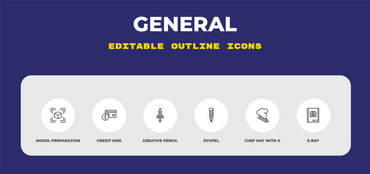 outline general icons set - model preparation, credit risk, creative pencil rocket. editable vector for web and mobile ui