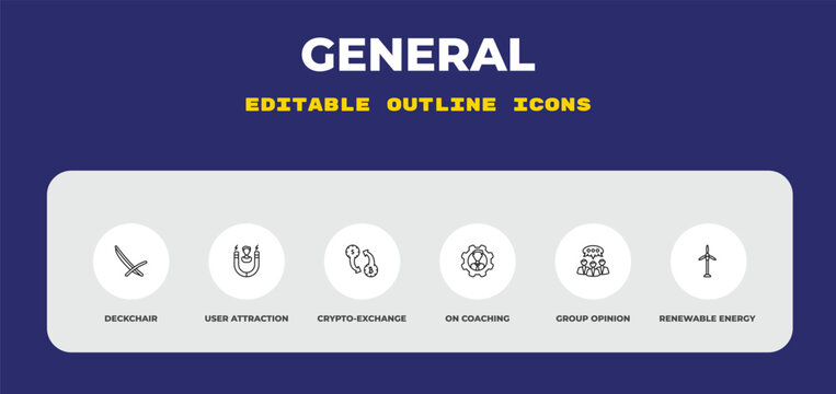 outline general icons set - deckchair, user attraction, crypto-exchange. editable vector for web and mobile ui