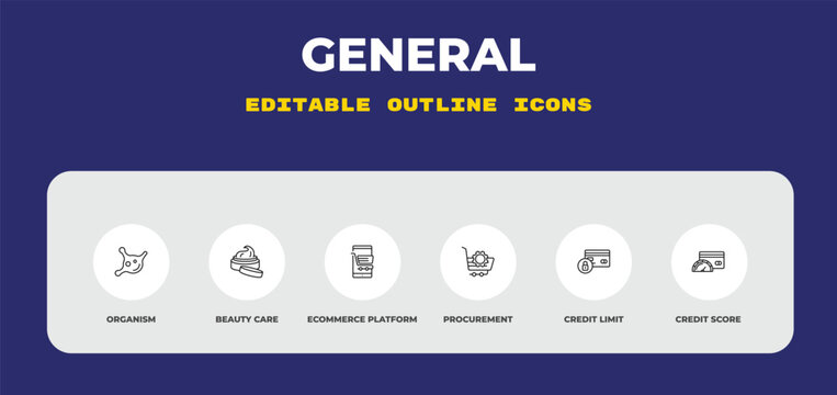 outline general icons set - organism, beauty care, ecommerce platform. editable vector for web and mobile ui