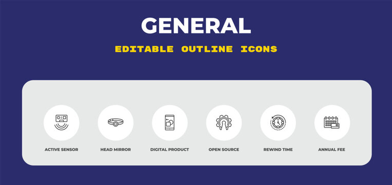 outline general icons set - active sensor, head mirror, digital product. editable vector for web and mobile ui