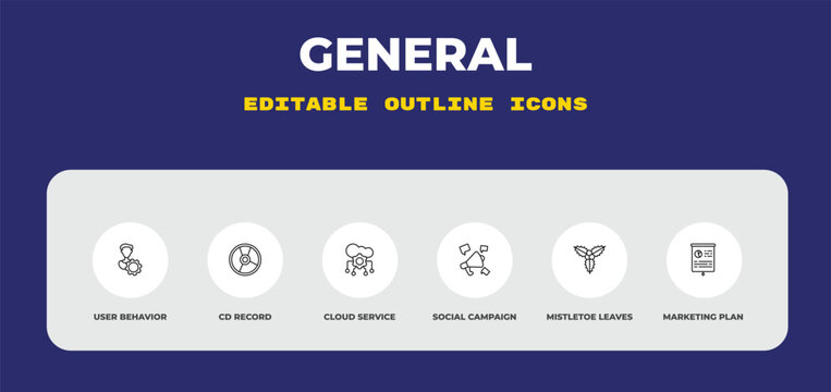 outline general icons set - user behavior, cd record, cloud service. editable vector for web and mobile ui