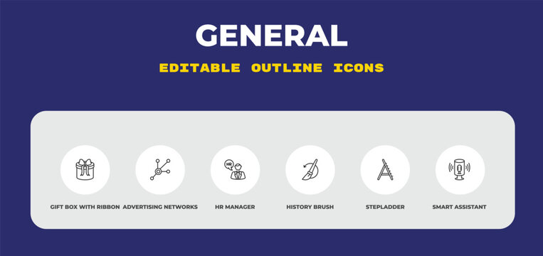 outline general icons set - gift box with ribbon, advertising networks, hr manager. editable vector for web and mobile ui