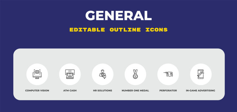 outline general icons set - computer vision, atm cash, hr solutions. editable vector for web and mobile ui