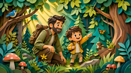 Naklejka premium Happy Family Day Father Child Forest Scene