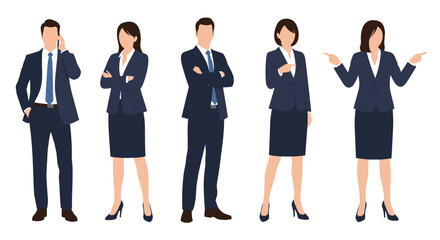 Obraz premium Collection of five diverse business professionals in formal navy blue suits standing in different poses on a plain white background.
