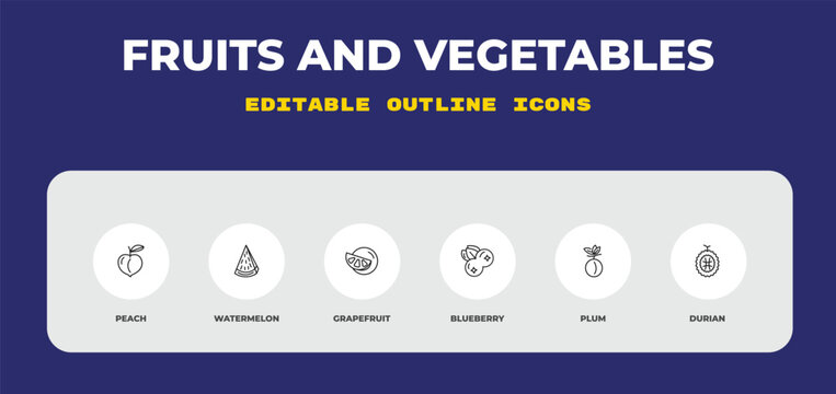 outline fruits and vegetables icons set - peach, watermelon, grapefruit. editable vector for web and mobile ui