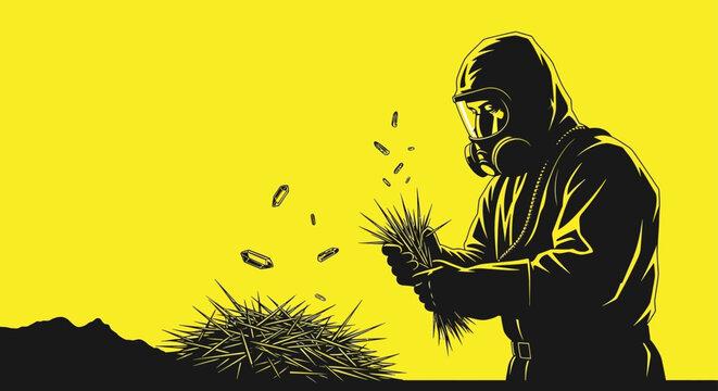 person in hazmat suit and gas mask collecting dangerous asbestos hazard symbolizing toxic waste and environmental risk.