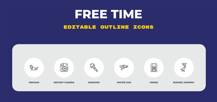 outline free time icons set - origami, instant camera, karaoke. editable vector for web and mobile ui