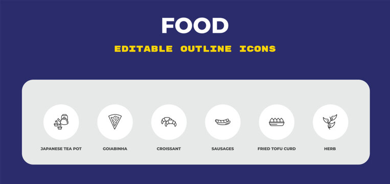 outline food icons set - japanese tea pot, goiabinha, croissant. editable vector for web and mobile ui