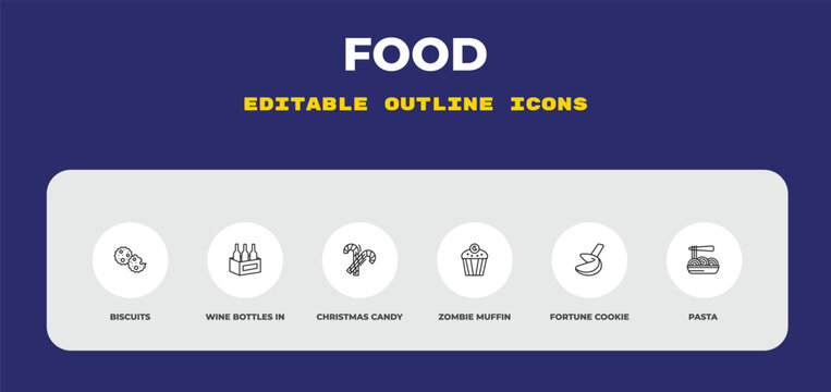 outline food icons set - biscuits, wine bottles in a box, christmas candy sticks. editable vector for web and mobile ui